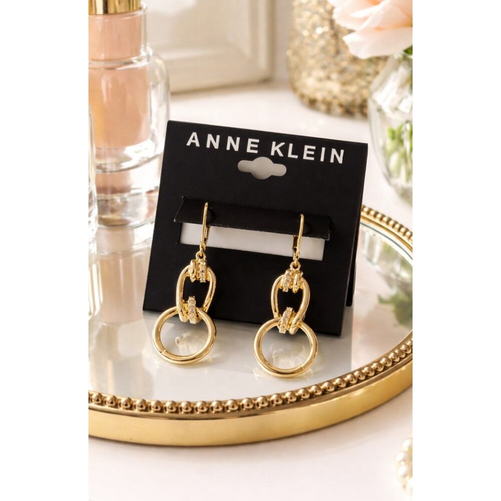 Anne Klein Gold Chain Rhinestone Dangle Earrings New